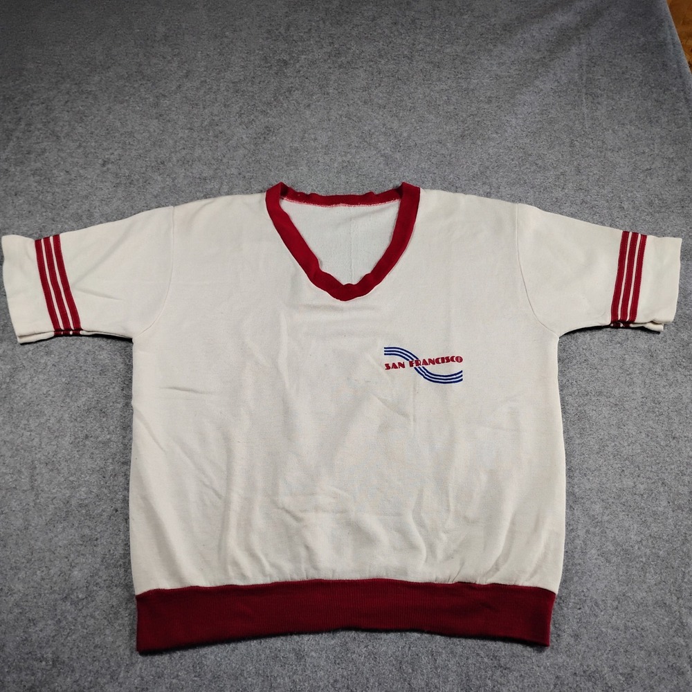 Vintage San Francisco Short Sleeve V-Neck Sweatshirt Off-White Red Mens XL